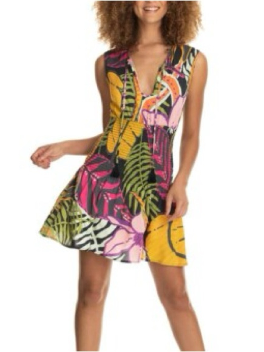 Maaji Spotlight Colorful Tropical Print Smocked Sleeveless Coverup Dress small
